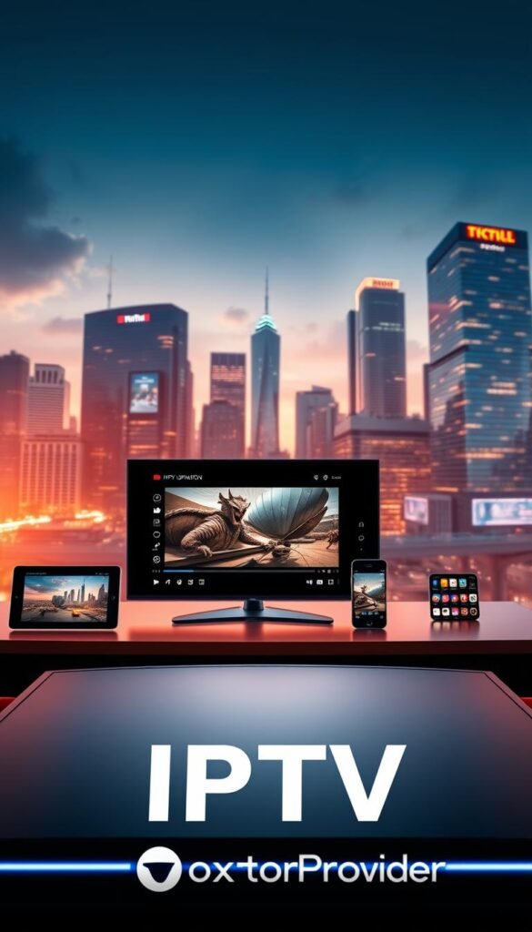 A highly detailed, cinematic image of "IPTV Technology" showcasing the Hoxtoon Provider brand. In the foreground, a sleek, futuristic interface displays a streaming video player with crisp high-definition video. In the middle ground, various smart devices such as a tablet, smartphone, and smart TV are connected to the IPTV system, demonstrating its seamless integration across platforms. The background features a dynamic cityscape with skyscrapers, suggesting the widespread adoption and impact of IPTV technology in modern urban environments. The scene is illuminated by warm, ambient lighting, creating a sense of sophistication and technological advancement. The overall composition conveys the power, reliability, and innovative nature of the Hoxtoon Provider IPTV solution.