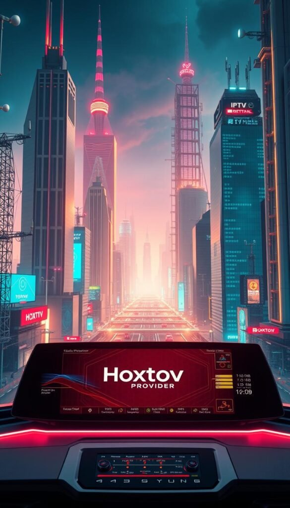 A highly detailed, futuristic cityscape with towering skyscrapers, advanced telecommunication infrastructure, and a vibrant, neon-lit atmosphere. In the foreground, a sleek, minimalist dashboard displays the Hoxtoon Provider logo, showcasing the latest IPTV technology. The middle ground features a network of cables, satellites, and data servers, illustrating the complex infrastructure that powers IPTV. The background depicts a vibrant, technologically advanced urban landscape, with holographic displays, autonomous vehicles, and a sense of dynamic, forward-thinking progress. The scene is illuminated by a warm, futuristic lighting, creating an immersive, high-tech ambiance.