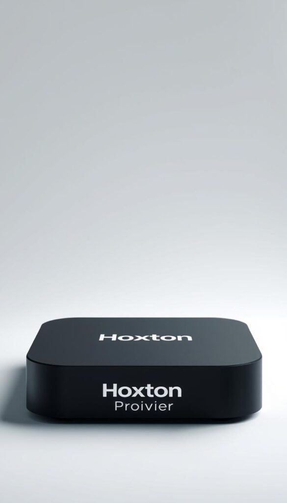 A highly detailed, hyper-realistic image of a sleek, black Mag Box media device with a prominent "Hoxtoon Provider" logo displayed on its surface. The Mag Box is set against a clean, minimalist background, with subtle ambient lighting casting soft shadows across its edges. The device is presented in a central, frontal position, showcasing its modern, streamlined design. The image conveys a sense of quality, efficiency, and the technological advancements associated with IPTV streaming through the Hoxtoon Provider platform.