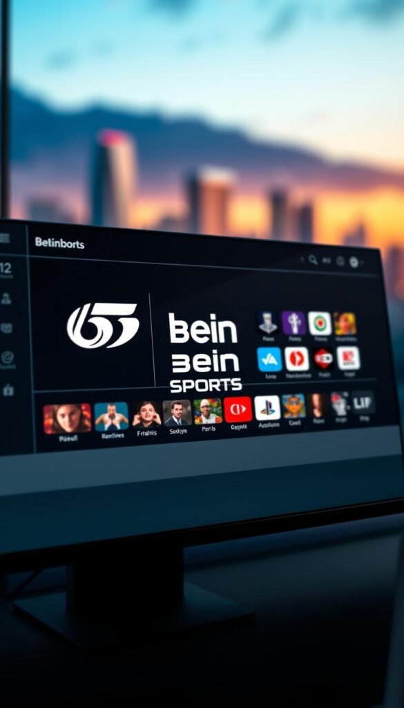 A highly detailed, photorealistic image of the Hoxtoon Provider IPTV user interface and navigation experience. The scene depicts a sleek, modern dashboard with a central grid of IPTV channel icons, including the Bein Sports logo prominently displayed. The interface is illuminated by a soft, even lighting, giving it a polished, high-tech aesthetic. The background is a blurred, out-of-focus cityscape, hinting at the global reach and connectivity of the IPTV service. The overall composition conveys a sense of intuitive accessibility and comprehensive content, reflecting the 21,000+ channels and 6+ device compatibility of the Hoxtoon IPTV platform.