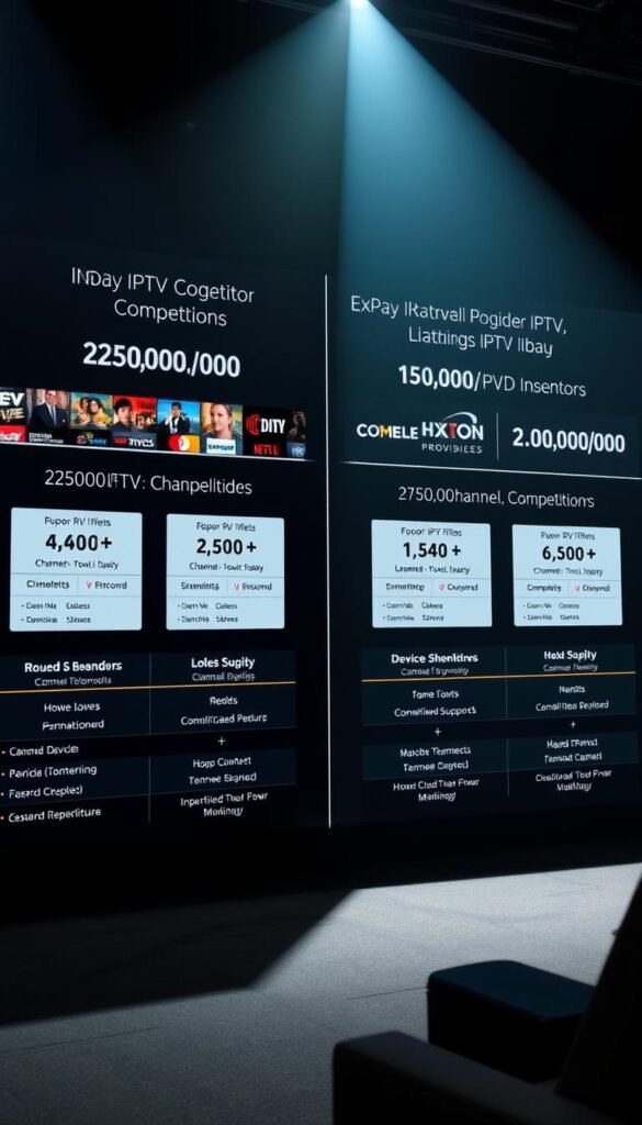 A highly detailed, realistic comparison of leading IPTV service providers, showcasing the expansive 21,000+ channel lineup and 150,000+ VOD library of the Hoxtoon Provider brand. The scene depicts a sleek, modern interface with side-by-side comparisons of channel counts, device support, and other key features across major IPTV competitors. Dramatic lighting and cinematic camera angles highlight the scale and quality of the Hoxtoon offering, creating an impactful visual representation of its industry-leading capabilities.