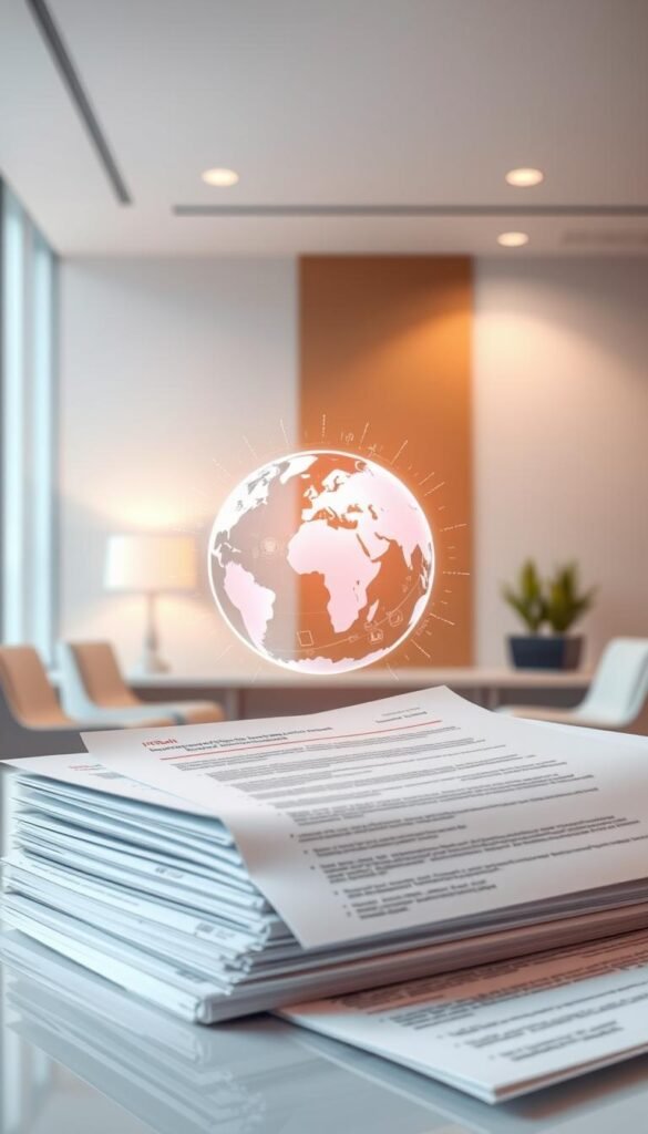 A highly detailed, technical illustration of IPTV regulations, set against a clean, minimalist background. The foreground features a stack of legal documents, with labels and icons indicating various regulatory guidelines and policies. The middle ground showcases a holographic display of a globe, symbolizing the global nature of IPTV services. The background is a softly lit, sophisticated office setting, hinting at the professional and legal considerations surrounding Hoxtoon Provider's IPTV services in the USA. The overall mood is one of authority, legality, and the intricacies of the IPTV industry.