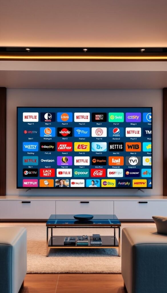 A large, 4K high-definition television screen displaying a diverse array of IPTV channels, showcasing the comprehensive entertainment library offered by Hoxtoon Provider. The screen is set against a sleek, modern living room backdrop, with minimalist furniture and warm lighting creating a cozy, inviting atmosphere. The channel logos are crisp and vibrant, highlighting the wide range of content available, from popular movies and TV shows to live news and sports. The composition emphasizes the screen's central position, drawing the viewer's attention to the immersive viewing experience Hoxtoon Provider delivers.