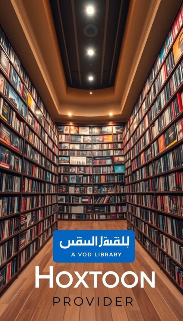 A large Arabic IPTV VOD library fills the frame, showcasing an extensive collection of movies, TV shows, and documentaries. The shelves are neatly organized, with each title displayed prominently. Warm lighting from overhead casts a cozy, inviting atmosphere, while the camera angle offers a wide, panoramic view of the library's depth and breadth. In the foreground, the Hoxtoon Provider logo is displayed, indicating the source of this impressive VOD selection. The overall scene conveys a sense of abundance and quality, highlighting the depth of content available to Arabic IPTV subscribers.