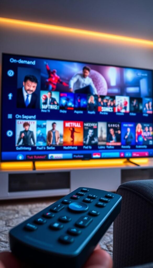 A large TV screen displaying a diverse selection of on-demand entertainment options, including popular movies, TV shows, and live events. In the foreground, a sleek, modern remote control with intuitive buttons and a minimalist design. The screen is illuminated with a warm, cinematic lighting, creating a cozy and inviting atmosphere. The background features a stylish, minimalist living room setting, hinting at the comfort and convenience of the Hoxtoon Provider's premium IPTV subscription service. The overall scene conveys a sense of effortless access to a vast library of premium content, ready to be enjoyed at the viewer's convenience.