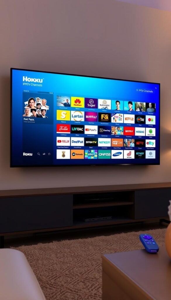 A large flat-screen Roku TV displaying a vibrant and diverse selection of IPTV channels from the Hoxtoon Provider. The TV is set in a modern, minimalist living room with warm lighting and clean lines. The channel grid shows a comprehensive lineup of over 21,000 live channels spanning news, sports, entertainment, and more, showcasing the breadth and depth of the Hoxtoon IPTV service. The TV is angled slightly to the right, allowing the viewer to see the high-quality, crystal-clear picture and the sleek Roku interface. The scene conveys a sense of entertainment, convenience, and the vast content possibilities available through the Hoxtoon IPTV platform on Roku.