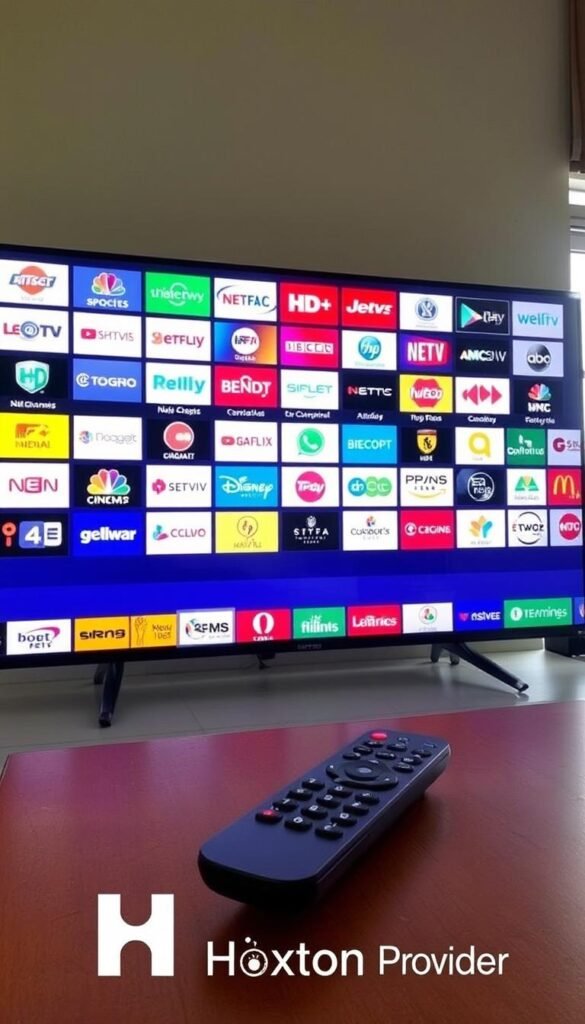 A large flat-screen television prominently displays a diverse array of IPTV channel logos in vivid detail, arranged in a grid-like pattern. The channels include popular news, sports, entertainment, and regional options, reflecting a comprehensive selection. The screen is illuminated by natural light streaming in from a nearby window, creating a bright and inviting atmosphere. In the foreground, a sleek and modern remote control sits on a wooden surface, symbolizing the user's control over the extensive channel options. The Hoxtoon Provider logo is subtly displayed in the bottom corner, showcasing the reliable IPTV service powering this impressive channel selection.