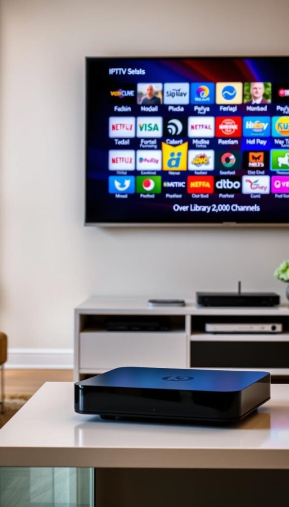 A large flat-screen television set displaying a vibrant and diverse array of IPTV channels, showcasing the vast library of over 21,000 options offered by the Hoxtoon Provider. The screen is crisp and clear, with a warm, inviting lighting that highlights the channel logos and program information. In the foreground, a sleek, modern media console or streaming device is prominently featured, suggesting the ease of access to this premium IPTV service. The background is a tasteful, minimalist living room setting, with neutral tones and subtle textures that complement the technological focus of the image. The overall scene conveys a sense of high-quality, cutting-edge entertainment and the convenience of a comprehensive IPTV solution.