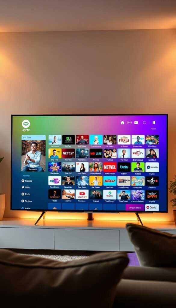 A large flatscreen TV displaying a vibrant, meticulously organized IPTV channel list, showcasing a diverse array of international content from the Hoxtoon Provider platform. The UI is clean and intuitive, with high-resolution thumbnails and detailed channel information. Soft, warm lighting illuminates the scene, creating a cozy, inviting atmosphere. The TV is positioned in a stylish, modern living room setting, with a minimalist design and hints of natural elements like wood and greenery in the background. The overall composition conveys a sense of global entertainment and seamless access to a world of international programming at the viewer's fingertips.