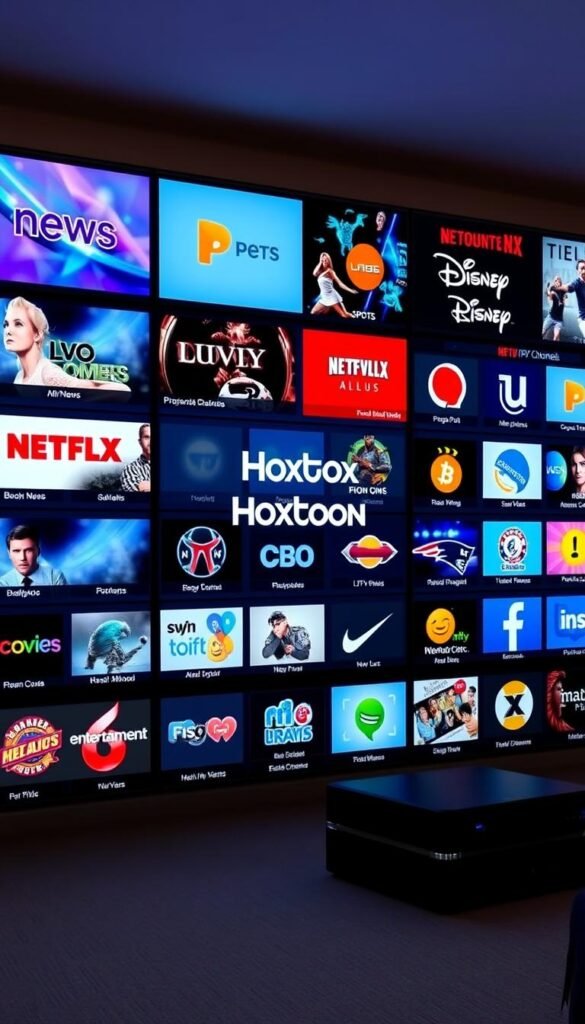 A large, high-resolution digital display showcasing a diverse array of IPTV channels available on the Hoxtoon Provider platform for a Mag Box in the USA. The screen is divided into multiple sections, each highlighting a different genre or category of content, such as live news, sports, movies, and entertainment. The channels are presented with clear, vibrant icons and logos, creating a visually appealing and informative display. The overall scene is lit with a soft, natural lighting that emphasizes the clarity and quality of the channels. The Hoxtoon Provider branding is prominently featured, establishing the platform as the focal point of the image.