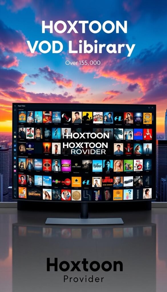 A large, high-resolution display showcasing the HOXTOON VOD Library, a vast collection of over 150,000 movies and TV shows. The library is presented in a sleek, modern interface with a clean, minimalist design. The background features a dramatic cityscape with towering skyscrapers and a vibrant, colorful sky, creating a sense of urban sophistication. The Hoxtoon Provider logo is prominently displayed, establishing the brand's authority and expertise in the streaming media industry. The overall scene conveys a sense of abundance, quality, and technological innovation, enticing viewers to explore the extensive HOXTOON VOD offerings.