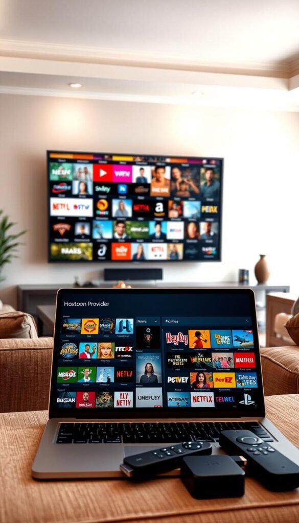 A large living room with a flat-screen TV mounted on the wall, displaying a diverse array of IPTV channels from the USA. The TV is surrounded by comfortable seating, and the room is filled with warm, natural lighting. In the foreground, a laptop is open, showcasing the Hoxtoon Provider interface, highlighting the vast content library available. The middle ground features various streaming devices, such as a Roku or Apple TV, emphasizing the seamless integration of the Hoxtoon service. The background includes subtle décor elements, creating a cozy and inviting atmosphere for enjoying the extensive IPTV offerings.