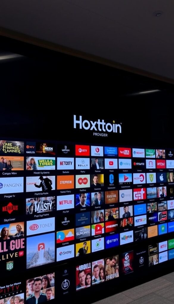 A large, modern IPTV platform interface with an extensive, neatly organized channel library, showcasing the Hoxtoon Provider brand prominently. The interface has a clean, minimalist design with a dark background, highlighting the channel thumbnails in the foreground. The channels are arranged in neat, evenly spaced rows, creating a visually appealing and easy-to-navigate experience. Soft, directional lighting illuminates the interface, casting subtle shadows and highlights to add depth and a professional, high-quality appearance. The overall mood is one of sophistication, technology, and comprehensive entertainment options.