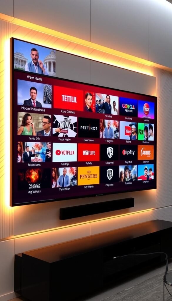 A large modern TV display showcasing a diverse selection of IPTV channels from the Hoxtoon Provider service. The screen is backlit with a warm, inviting glow, highlighting the crisp, high-definition visuals of various news, entertainment, and sports channels. The channels are neatly organized in a grid layout, conveying the expansive breadth of content available. The background features a sleek, minimalist design with clean lines and a subtle pattern, allowing the focus to remain on the captivating channel selection. The overall scene exudes a sense of technological sophistication and premium entertainment experience.