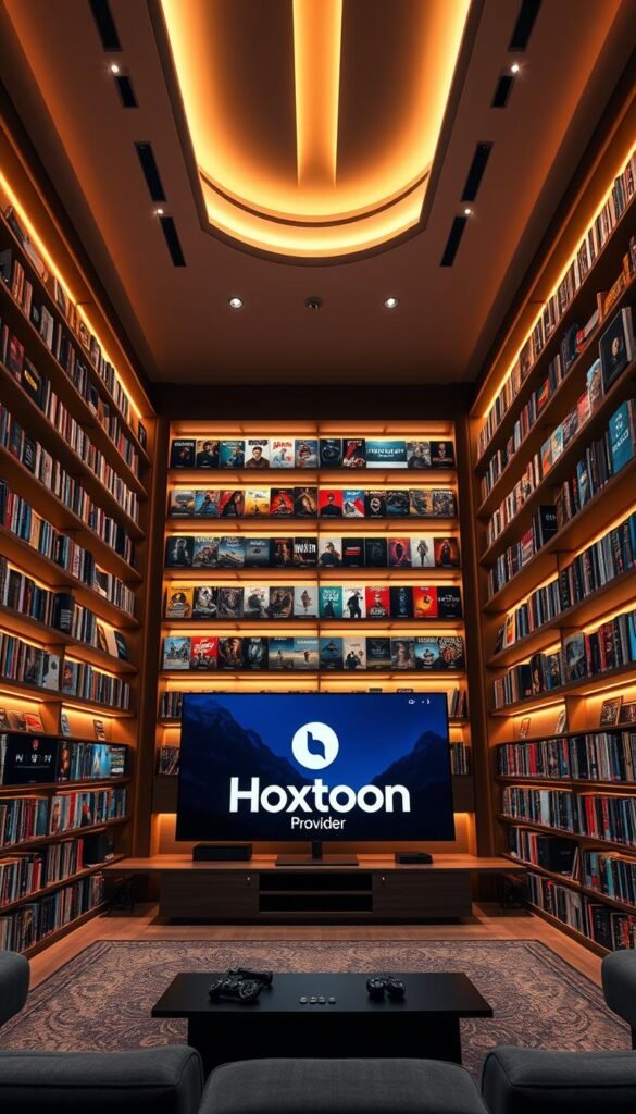 A large, modern entertainment center with an expansive 150,000+ video-on-demand library, showcasing the extensive movie and TV show selection of the Hoxtoon Provider service. Sleek, minimalist shelves line the walls, neatly displaying a diverse range of genres and categories. Warm, soft lighting illuminates the space, creating a cozy and inviting atmosphere. The center is well-organized, with clear navigation and intuitive layout, making it easy for users to browse and discover new content. In the foreground, a large, high-definition display showcases the Hoxtoon Provider brand and the breadth of its VOD offerings. The overall scene conveys a sense of quality, abundance, and user-friendly accessibility.