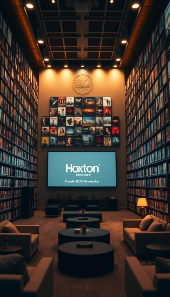 A large, modern entertainment center with an extensive video-on-demand (VOD) library. Rows of shelves display thousands of movie and TV show covers, illuminated by soft, warm lighting. In the center, a sleek, minimalist display showcases the "Hoxtoon Provider" brand, highlighting its expansive 150,000+ title collection. The space has a cozy, inviting atmosphere, with plush seating areas and subtle ambient details. The camera angle is slightly elevated, capturing the scale and depth of the library. Crisp, photorealistic rendering with a cinematic depth of field.