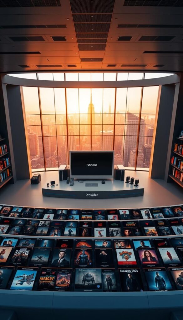 A large, modern entertainment hub with sleek, minimalist design showcasing the expansive VOD collection of the Hoxtoon Provider. In the foreground, rows of high-definition movie covers and TV show thumbnails are neatly arranged, inviting the viewer to explore the impressive 150,000+ title library. The middle ground features a minimalist user interface with clean typography and intuitive navigation, while the background depicts a sophisticated, futuristic cityscape through large, panoramic windows, bathed in warm, ambient lighting. The overall atmosphere conveys a sense of cutting-edge technology, limitless entertainment, and a premium streaming experience.