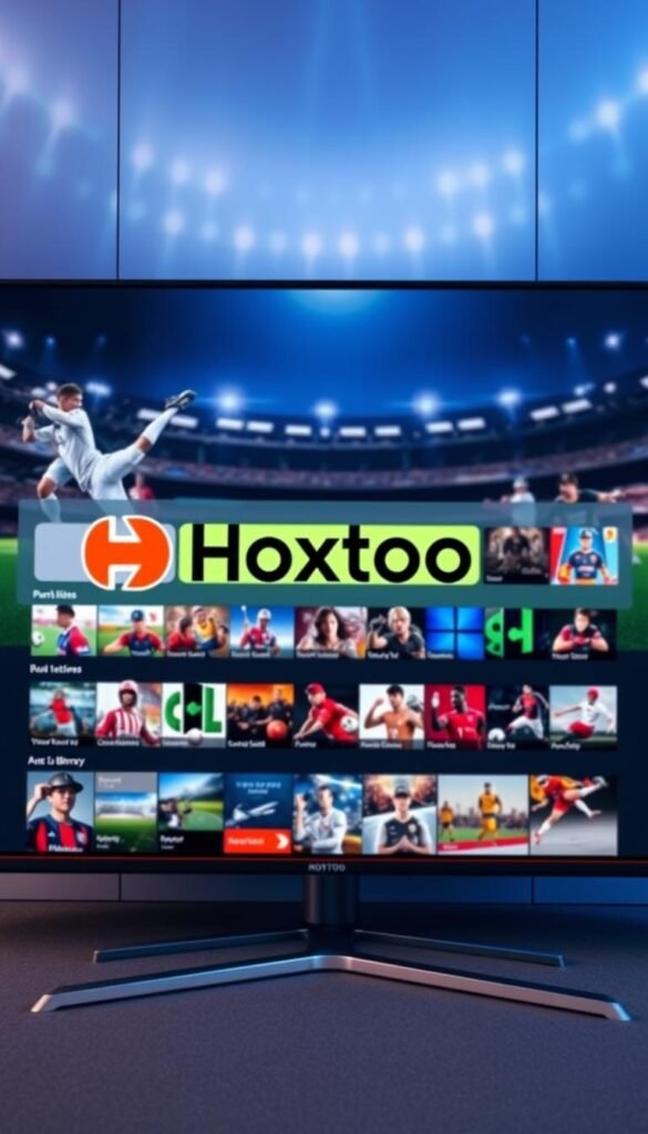 A large, modern sports streaming service interface displayed on a high-resolution monitor. In the foreground, the Hoxtoon Provider brand logo is prominently featured, conveying a sense of premium quality and reliability. The middle ground showcases a diverse library of on-demand sports content, with thumbnails and categories neatly organized. The background features a subtle, cinematic sports-themed backdrop, with blurred action scenes and dynamic lighting to create an immersive atmosphere. The overall scene exudes a sleek, technologically advanced, and visually appealing aesthetic, reflecting the extensive VOD library available through the Hoxtoon Provider platform.