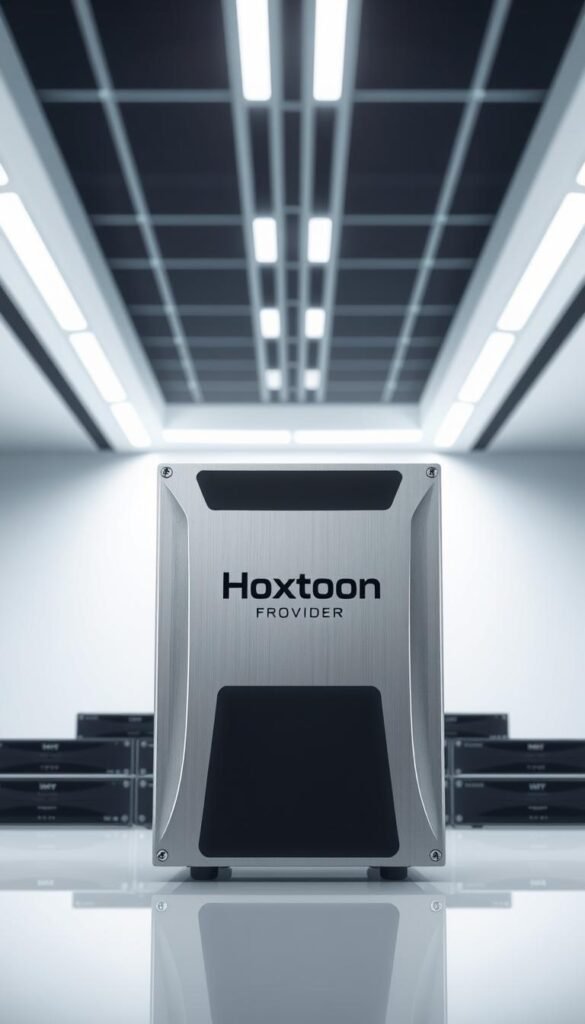 A large, sleek and modern IPTV encoder stands prominently in the foreground, its metallic casing gleaming under bright studio lighting. The Hoxtoon Provider logo is clearly visible on the front panel. In the middle ground, several smaller encoder units are neatly arranged, showcasing the range of products offered. The background features a minimalist, high-tech environment with clean lines and a slightly blurred, futuristic ambiance, emphasizing the advanced technological capabilities of the Hoxtoon system. The overall composition conveys a sense of precision, reliability and cutting-edge innovation in the world of IPTV content delivery.