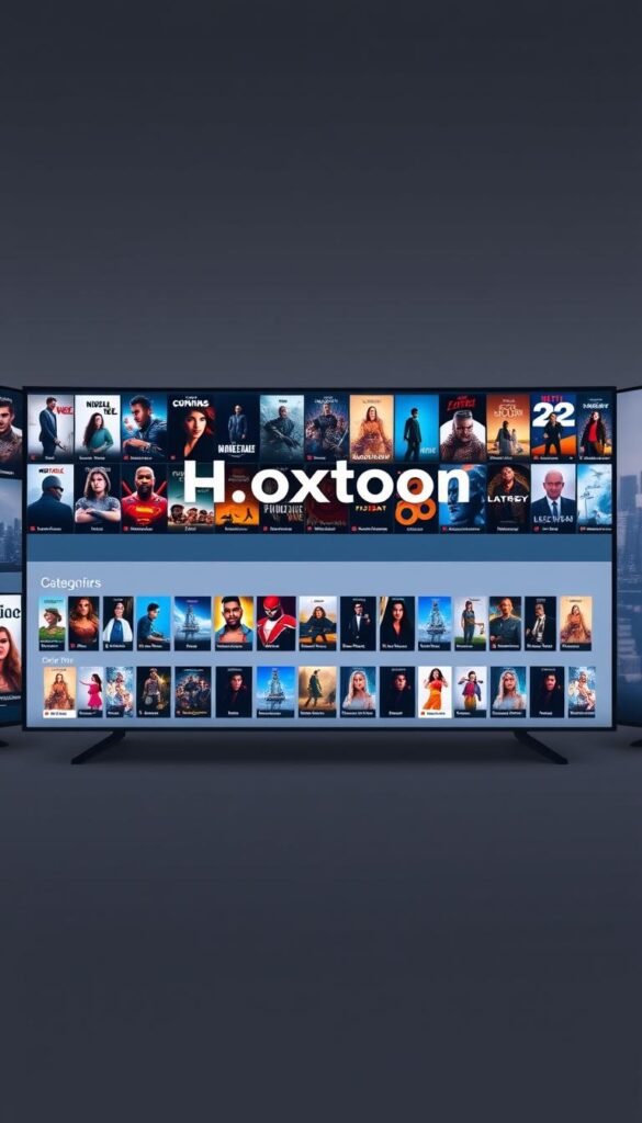 A large, sleek, and modern VOD library interface, prominently displaying the Hoxtoon Provider brand. The foreground features a curated selection of popular movie and TV show thumbnails, meticulously arranged in a visually appealing grid layout. The middle ground showcases a vast collection of genre categories, inviting users to explore the extensive 150,000+ title library. In the background, a subtle gradient or blurred cityscape provides a sense of depth and context, evoking a sophisticated, high-tech atmosphere. Lighting is soft and even, creating a welcoming and immersive viewing experience. The overall composition conveys a sense of abundance, quality, and technological prowess associated with the Hoxtoon Provider brand.