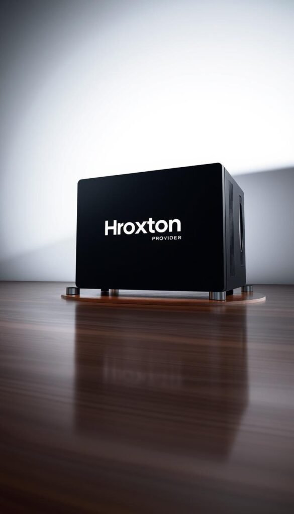 A large, sleek black IPTV box with the Hoxtoon Provider logo prominently displayed on the front panel. The box is positioned on a glossy wood surface, casting a soft reflection. The background is a minimalist studio setup, with a clean white backdrop and subtle lighting from the side, casting dramatic shadows and highlights on the device. The composition emphasizes the advanced, high-tech nature of the Hoxtoon IPTV system, showcasing its premium design and robust features.