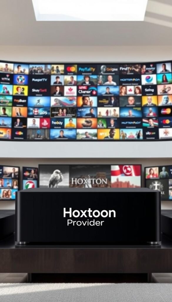 A large, sleek black box prominently displaying the "Hoxtoon Provider" logo sits in the center of the frame, surrounded by a diverse array of IPTV channels displayed on high-definition screens. The box is illuminated by soft, natural lighting, creating a sense of sophisticated technology. In the background, a minimalist, modern interior with clean lines and muted colors provides a serene, uncluttered setting. The overall composition conveys the idea of an extensive, well-curated channel selection offered by the Hoxtoon Provider for Mag Box users in the USA.
