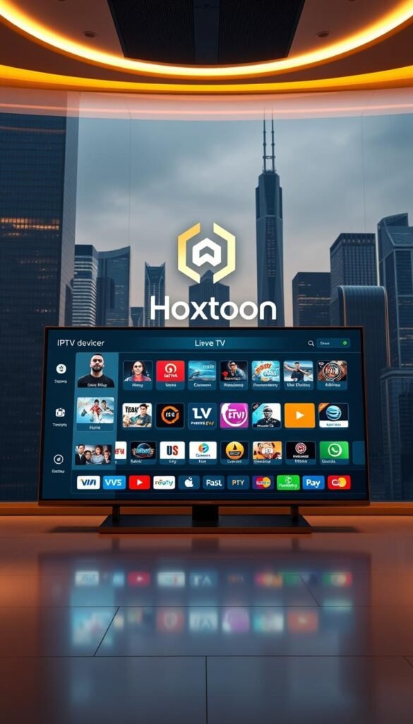 A large, ultramodern IPTV service control panel displayed on a sleek, futuristic interface. In the foreground, a user-friendly dashboard showcases various streaming channels, live TV, and on-demand content. The middle ground features the Hoxtoon Provider brand prominently, with its distinct logo and color scheme. The background depicts a cityscape of towering skyscrapers, conveying the technological advancements and global reach of the IPTV service. The scene is illuminated by a warm, soft lighting, creating a sense of sophistication and innovation. The overall composition emphasizes the seamless integration of cutting-edge technology and entertainment, reflecting the future of television viewing.