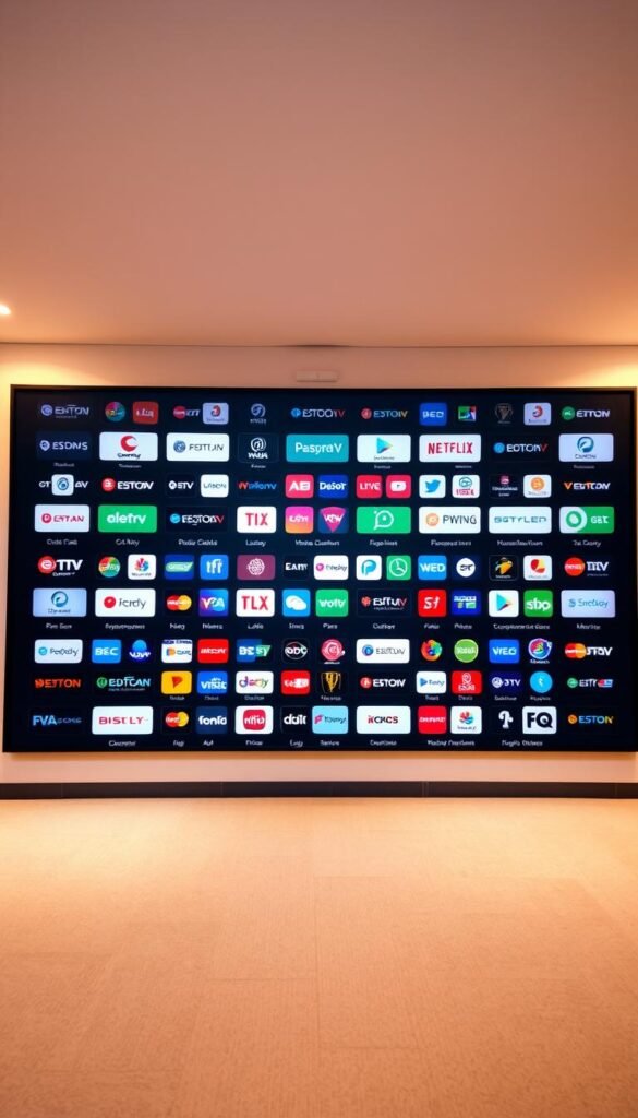 A large wall display showcasing the expansive channel lineup of the Hoxtoon IPTV provider. The display features a grid of channel logos and icons, meticulously arranged with clean lines and a modern, minimalist aesthetic. The background is a soft, neutral tone that allows the channel icons to pop. Warm, directional lighting accentuates the sleek, high-tech feel, while a shallow depth of field creates a sense of depth and focus on the central grid. The overall impression is one of an impressive, comprehensive channel selection presented in a visually striking and professional manner.