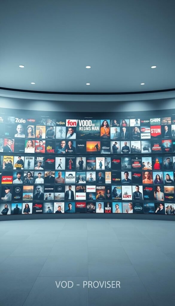 A large, well-organized library interface showcasing the extensive video-on-demand (VOD) content offered by the Hoxtoon Provider. The main focus is a sleek, modern UI with a central grid of thumbnails representing the diverse selection of movies, TV shows, and documentaries. The interface has a minimalist, clean aesthetic with a neutral color palette of grays, whites, and blacks, allowing the content thumbnails to pop. The lighting is bright and even, creating a sense of openness and clarity. The camera angle is positioned slightly above the UI, providing an overview of the layout and highlighting the depth and breadth of the VOD library. An ambient glow emanates from the background, subtly suggesting the vast digital catalog available to users. The overall mood is one of sophistication, professionalism, and the promise of endless entertainment options.