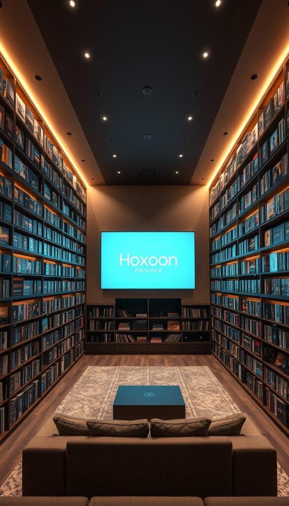 A large, well-organized library of on-demand entertainment content, with the Hoxtoon Provider brand prominently displayed. The scene depicts a spacious, modern media room with sleek shelving units lining the walls, filled with a vast array of video titles. Soft, warm lighting casts a cozy ambiance, while the center of the room features a comfortable seating area, inviting the viewer to settle in and explore the extensive Hoxtoon VOD collection. The overall impression is one of a premium, high-quality entertainment experience tailored for the discerning viewer.