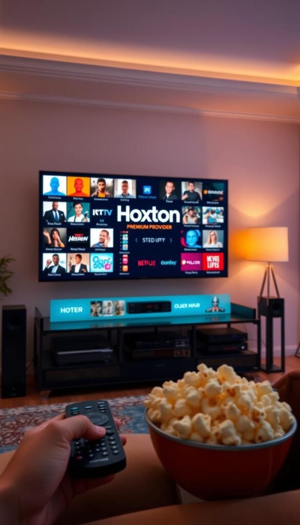 A lavish home entertainment setup with a sleek, modern TV displaying the Hoxtoon Provider logo, surrounded by a neatly organized array of premium IPTV channels on a high-resolution screen. The room is bathed in warm, soft lighting, creating a cozy and inviting atmosphere. In the foreground, a stylish remote control and a bowl of fresh popcorn hint at the luxurious viewing experience. The middle ground features various streaming devices and media players, seamlessly integrated into the setup. The background showcases a minimalist, yet sophisticated decor, with subtle hints of the Hoxtoon brand identity. The overall scene conveys a sense of premium, high-quality entertainment at the fingertips.