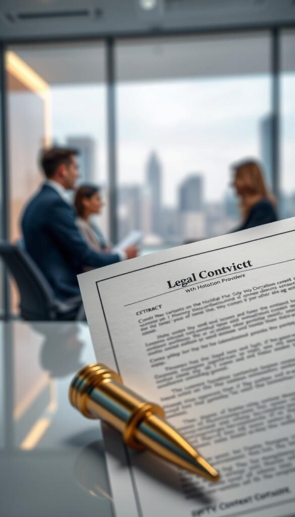 A legal contract with the Hoxtoon Provider displayed prominently in the foreground, showcasing the licensing and distribution rights for IPTV content. In the middle ground, a modern office setting with people discussing the contract, representing the negotiations and decision-making process. The background features a blurred cityscape, conveying the global scale and legal complexities of the IPTV industry. The lighting is professional, with a focus on the contract details, creating a sense of authority and importance. The overall mood is serious and business-oriented, reflecting the high-stakes nature of content licensing.