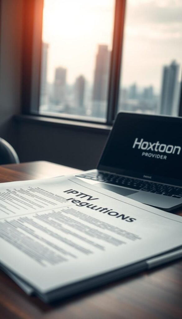 A legal document with the title "IPTV Regulations" resting on a wooden desk, illuminated by soft, warm lighting. In the background, a blurred cityscape outside a window, conveying a sense of professional, corporate setting. The document's pages feature meticulously drafted text and diagrams, suggesting the complexities of IPTV regulations. A laptop with the Hoxtoon Provider logo is placed nearby, hinting at the legalities surrounding the use of IPTV services. The overall atmosphere is one of seriousness and attention to detail, reflecting the importance of understanding the legal considerations when using IPTV.