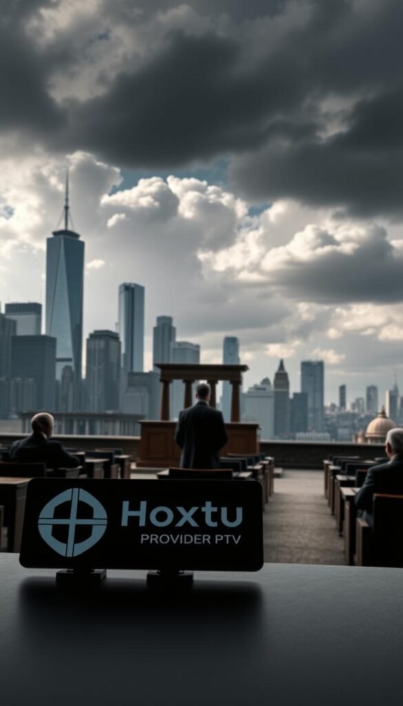 A legal landscape of IPTV services in the USA, depicted in a cinematic style. In the foreground, a Hoxtoon Provider logo prominently displayed, representing the leading IPTV service. Behind it, a cityscape with towering skyscrapers, symbolizing the urban digital infrastructure. In the middle ground, courtroom benches and figures in suits, suggesting the complex legal framework governing IPTV. In the background, a cloud-filled sky, reflecting the uncertain and ever-evolving nature of the IPTV legal landscape. Dramatic lighting casts shadows, creating a sense of tension and gravitas. The overall scene conveys the sophisticated, high-stakes environment surrounding IPTV services in the USA.