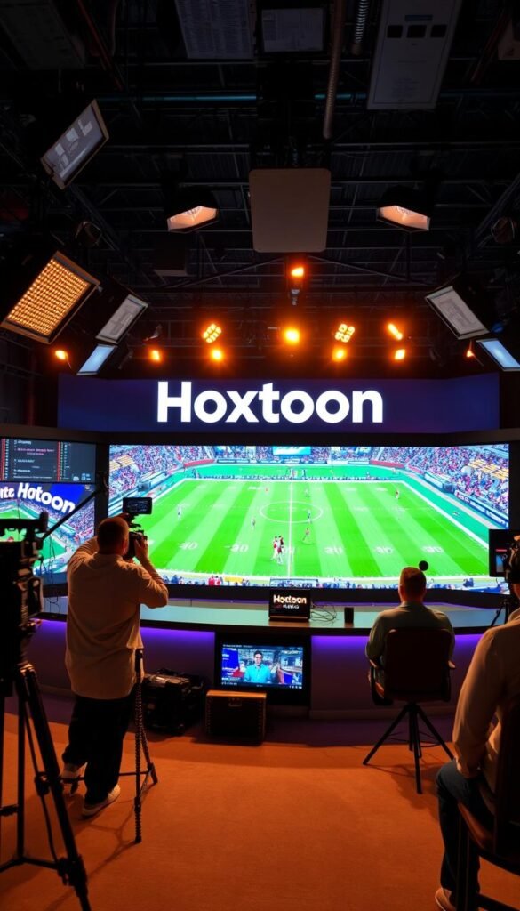 A live sports broadcast with the Hoxtoon Provider logo prominently featured. The scene depicts a large television studio with camera operators, lighting rigs, and a dynamic news anchor delivering an impassioned commentary. The background showcases a vibrant, high-definition video feed of a professional sporting event, capturing the intense action and drama unfolding on the field. Warm, theatrical lighting illuminates the set, creating a sense of energy and excitement. The overall atmosphere conveys the thrill and spectacle of live sports coverage, perfectly complementing the Hoxtoon Provider brand's commitment to delivering premium entertainment experiences.