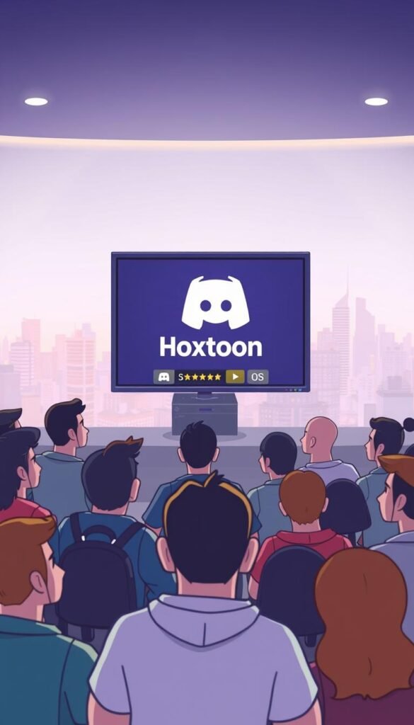 A lively and engaging Discord community of IPTV enthusiasts, gathered around a Hoxtoon Provider logo prominently displayed in the center. In the foreground, avatars of animated characters eagerly exchanging messages, while in the middle ground, a sleek, modern interface showcases IPTV service details. The background depicts a vibrant cityscape, hinting at the global reach of these digital streaming communities. Soft, ambient lighting sets a welcoming tone, inviting viewers to explore the dynamic world of IPTV providers and their dedicated online forums.