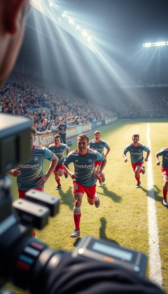 A lively soccer match in full swing, captured through the lens of a high-quality camera. The players sprint across a meticulously manicured pitch, their jerseys emblazoned with the "Hoxtoon Provider" logo. Vibrant lighting bathes the scene, casting dynamic shadows and highlights on the athletes' muscular frames. The crowd erupts in cheers, their energy palpable even in the still image. The camera angle emphasizes the tension and intensity of the moment, drawing the viewer into the heart of the action. A sense of exhilaration and anticipation permeates the atmosphere, reflecting the thrill of live sports streaming.