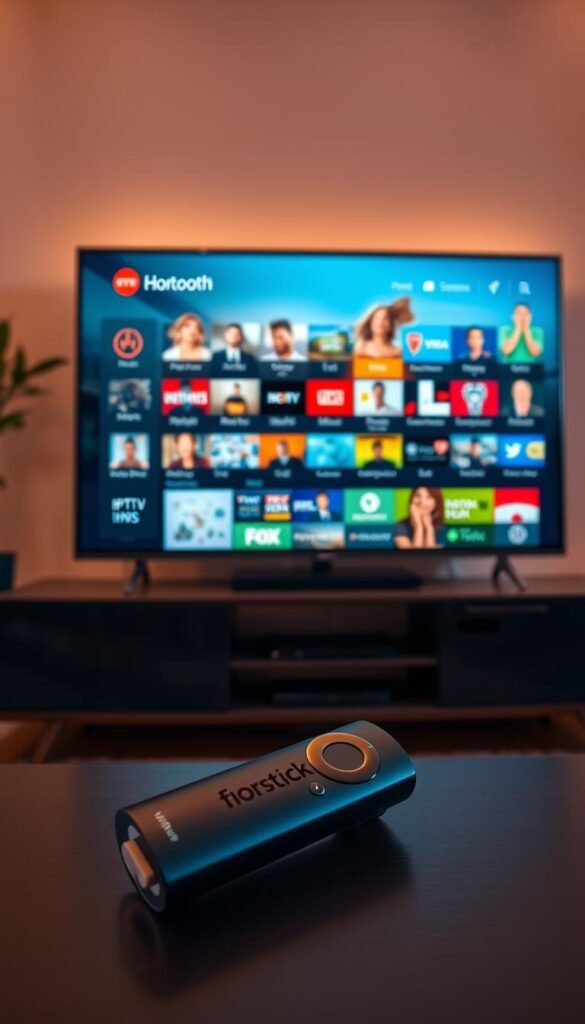 A living room setup with a Firestick 4K prominently displayed on a modern TV stand. The Firestick is connected to a Hoxtoon Provider IPTV service, showcasing a diverse selection of live channels and on-demand content. The room is bathed in warm, soft lighting, creating a cozy and inviting atmosphere. The TV screen displays a vibrant, detailed user interface, enticing the viewer to explore the extensive IPTV offerings. In the foreground, a sleek, minimalist remote control rests, symbolizing the seamless integration of the Hoxtoon IPTV service with the Firestick 4K device. The overall scene conveys the idea of a truly immersive and personalized home entertainment experience.