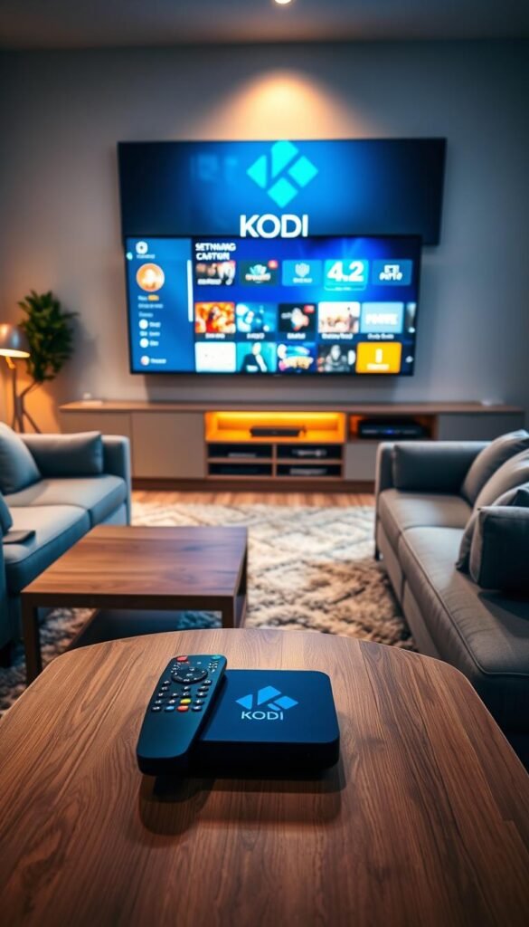 A living room setup with a large TV screen displaying the Kodi media center interface. In the foreground, a modern-looking remote control and a Hoxtoon Provider set-top box sit on a minimalist wooden coffee table. The middle ground features comfortable grey couches and a plush rug, creating a cozy and inviting atmosphere. Soft, warm lighting illuminates the scene, casting a welcoming glow. The background showcases a sleek entertainment unit housing various media devices, reflecting the sophisticated and tech-savvy nature of the Kodi IPTV setup. The overall composition conveys a sense of streamlined functionality and immersive entertainment.