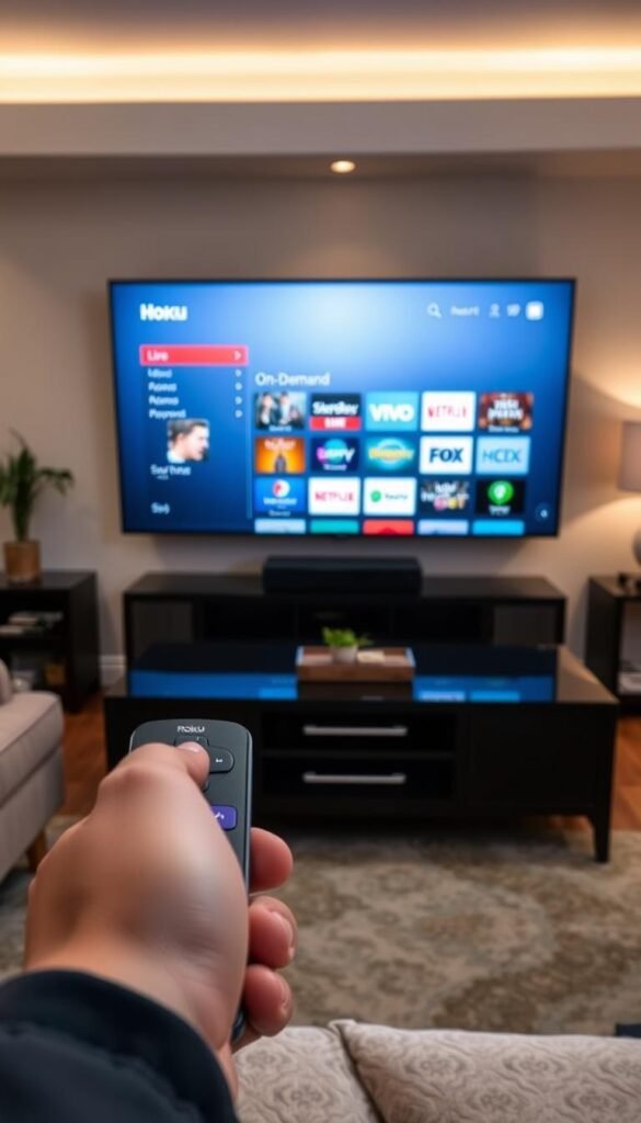 A living room with a Roku TV prominently displayed, showcasing the Hoxtoon Provider IPTV service interface. The room is well-lit, with soft, warm lighting that casts a cozy atmosphere. The TV screen displays a clean, intuitive IPTV menu, highlighting the various live and on-demand content options available. In the foreground, a hand holds a Roku remote, emphasizing the seamless integration between the IPTV service and the Roku TV platform. The middle ground features a modern, minimalist entertainment center, while the background reveals tasteful decor, suggesting a comfortable, tech-savvy household. The overall scene conveys the ease and convenience of accessing a comprehensive IPTV service directly on a Roku TV.