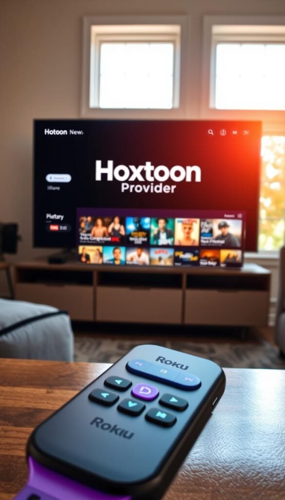 A living room with a Roku streaming device connected to a flat-screen TV, displaying the Hoxtoon Provider interface. The room is well-lit, with warm, natural lighting filtering through large windows. The Roku remote is in the foreground, its buttons and controls clearly visible. The Hoxtoon Provider logo is prominently displayed on the TV screen, showcasing its vast library of over 150,000 video-on-demand titles. The overall scene conveys a sense of comfort, convenience, and the ease of accessing a diverse range of content through IPTV technology.