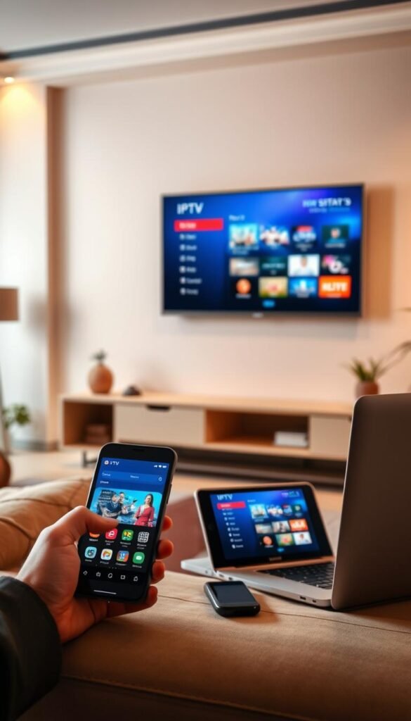 A living room with a modern flat-screen TV mounted on the wall, displaying a vibrant IPTV interface. In the foreground, multiple devices - a smartphone, tablet, and laptop - are seamlessly connected, showcasing the Hoxtoon Provider's reliable streaming capabilities across multiple platforms. Soft, warm lighting illuminates the scene, creating a cozy and inviting atmosphere. The background features a minimalist, well-appointed space with clean lines and earthy tones, emphasizing the technology's integration into a comfortable, tech-savvy home environment.