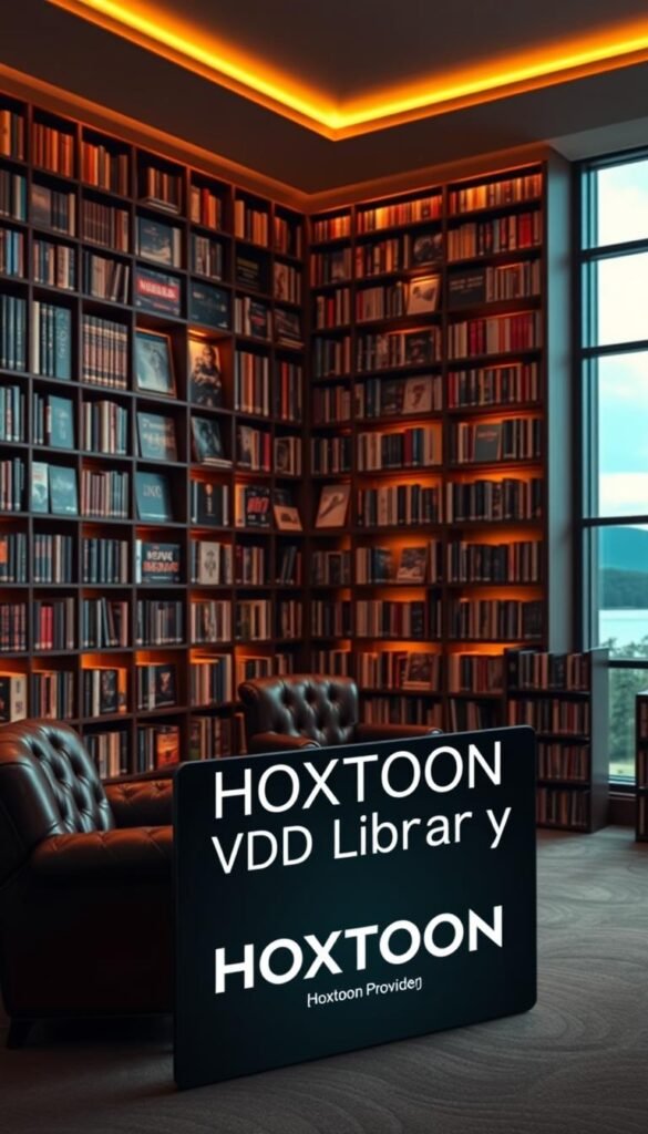 A lush, cinematic library interior with towering bookshelves filled with a vast collection of movies and TV shows. Warm, ambient lighting casts a cozy glow, and a plush leather armchair invites viewers to settle in. In the foreground, a large, sleek "HOXTOON IPTV VOD Library" sign stands prominently, with the Hoxtoon Provider branding visible. The middle ground is occupied by rows of organized media shelves, while the background features a large window overlooking a serene outdoor scene. The overall atmosphere is one of comfort, sophistication, and the promise of endless entertainment.
