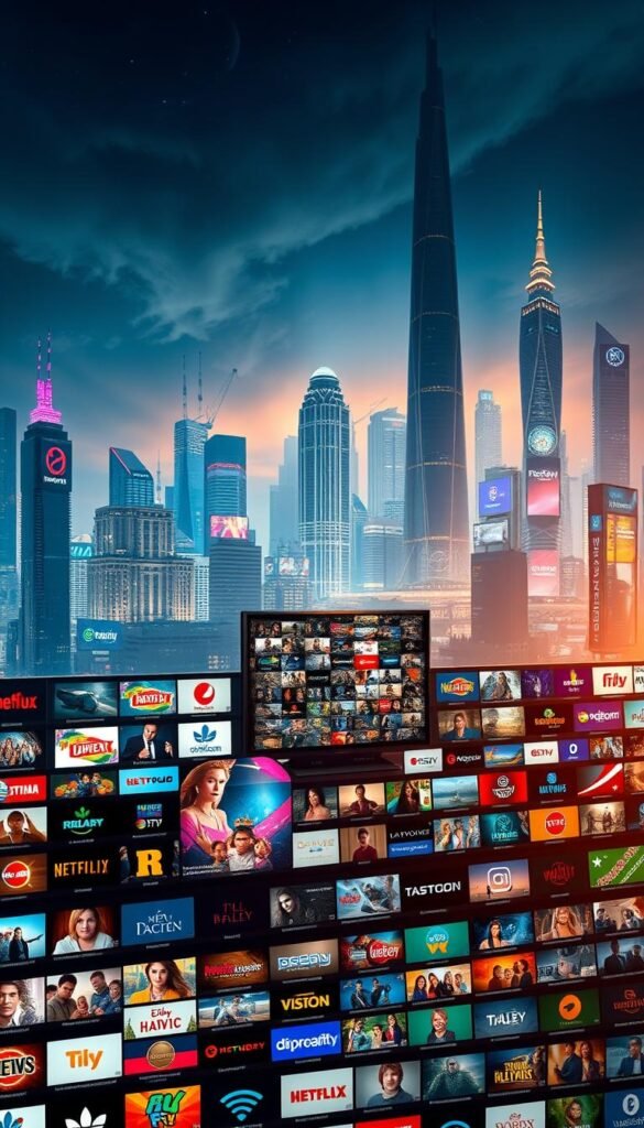 A lush, visually captivating scene depicting the vast content library of the Hoxtoon IPTV provider. In the foreground, a mosaic of IPTV channel logos and thumbnails, each one a vibrant, high-definition window into a world of entertainment. The middle ground features sleek, modern media devices displaying a diverse array of live TV channels and on-demand videos, all powered by the Hoxtoon brand. In the background, a futuristic cityscape with towering skyscrapers and neon-lit billboards, symbolizing the unlimited possibilities of the Hoxtoon ecosystem. Illuminated by a warm, cinematic lighting, the scene conveys a sense of technological prowess, cinematic immersion, and the sheer depth of Hoxtoon's content offerings.