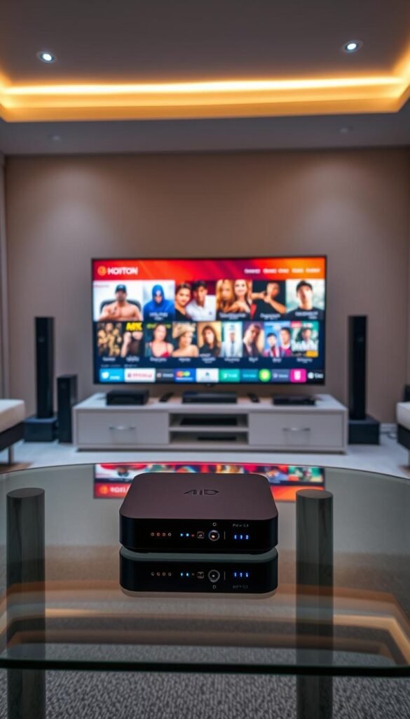 A luxurious entertainment hub with the Hoxtoon Provider premium IPTV service. In the foreground, a sleek black streaming device with glowing indicators sits atop a modern glass table. The middle ground showcases a vibrant 4K television screen displaying a diverse array of content options, from live sports to the latest blockbuster movies. In the background, a minimalist home theater setup with ambient lighting and high-end audio equipment creates an immersive viewing experience. The overall atmosphere exudes sophistication, technological advancement, and a sense of unlimited entertainment possibilities.