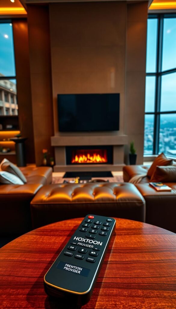 A luxurious living room with a cozy fireplace, plush leather sofa, and a large flat-screen TV dominating the center. The room is bathed in warm, ambient lighting, creating a sophisticated and inviting atmosphere. In the foreground, a high-end IPTV remote control rests on a mahogany coffee table, symbolizing the premium IPTV experience. The Hoxtoon Provider logo is subtly displayed on the remote, showcasing the brand's premium quality. The background features a panoramic view of a cityscape through a large window, further enhancing the sense of a premium, urban lifestyle.