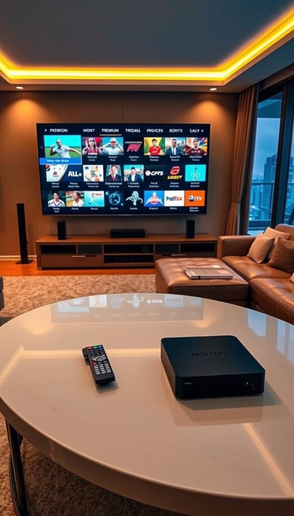 A luxurious living room with a large flat-screen TV displaying a variety of premium IPTV sport channels. The room is bathed in warm, ambient lighting, creating a cozy and inviting atmosphere. In the foreground, a sleek and modern coffee table holds a remote control and a Hoxtoon Provider set-top box, hinting at the high-quality streaming experience. The middle ground features plush leather sofas and a sophisticated entertainment system, while the background showcases floor-to-ceiling windows overlooking a cityscape. The overall scene conveys a sense of premium, exclusive access to a vast array of live sporting events and pay-per-view entertainment.