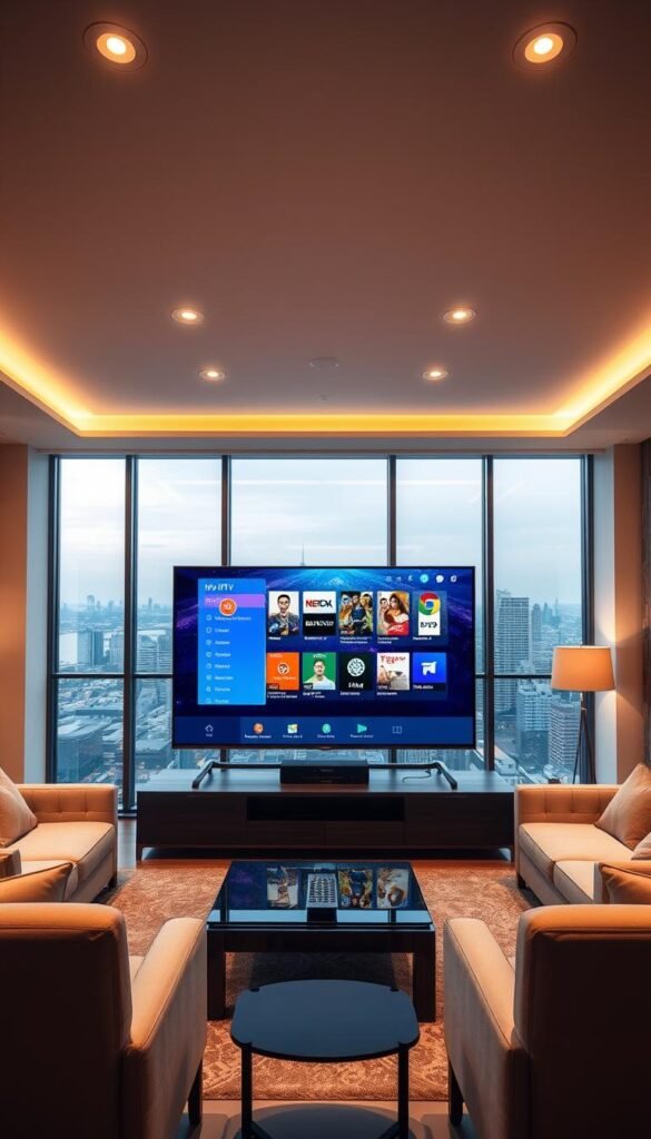 A luxurious living room with a large, ultra-high-definition television displaying a vivid, crystal-clear IPTV interface. Soft, warm lighting from recessed ceiling fixtures creates a cozy, inviting atmosphere. A plush, modern sofa and matching armchairs provide comfortable seating, while a sleek, minimalist coffee table holds a high-end remote control. In the background, a floor-to-ceiling window offers a panoramic view of a bustling city skyline, reflecting the premium, immersive viewing experience offered by the Hoxtoon Provider.