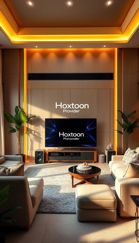 A luxurious living room with a massive 4K OLED TV as the centerpiece, surrounded by high-end audio equipment. Soft, warm lighting illuminates the space, creating a cozy and inviting atmosphere. On the TV screen, the Hoxtoon Provider logo is prominently displayed, showcasing a seamless, high-quality streaming experience. The room is adorned with plush furniture, sleek modern decor, and lush indoor plants, conveying a sense of premium sophistication. The overall scene exudes a feeling of ultimate comfort and technological indulgence, perfectly capturing the "ultimate premium IPTV experience" with the Hoxtoon Provider.
