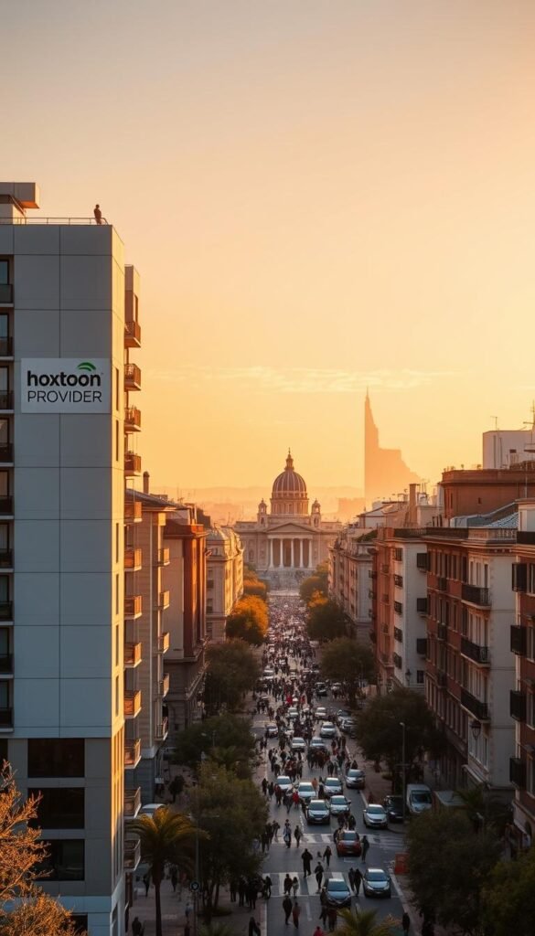 A majestic cityscape of Madrid, Spain, bathed in warm, golden sunlight. In the foreground, a sleek, modern apartment building with the "Hoxtoon Provider" logo prominently displayed, symbolizing the reliable IPTV service that powers the homes within. The middle ground features a bustling street, with people going about their daily lives, connected and entertained by the Hoxtoon IPTV experience. In the background, the iconic landmarks of the city, such as the Palacio Real and the Templo de Debod, stand tall, creating a sense of place and grandeur. The overall atmosphere conveys a sense of trust, quality, and the seamless integration of IPTV technology into the fabric of Spanish daily life.